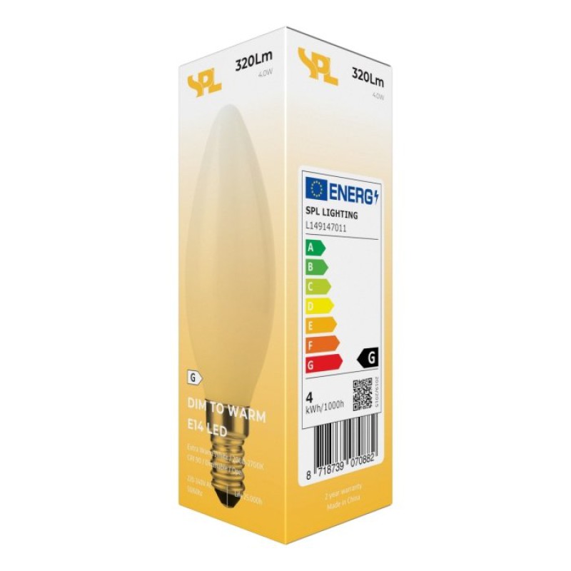 Preview: SPL LED Filament Dim to Warm Kerze C35x100 E14 4 W 320 lm 2000–2700K opal dimmbar