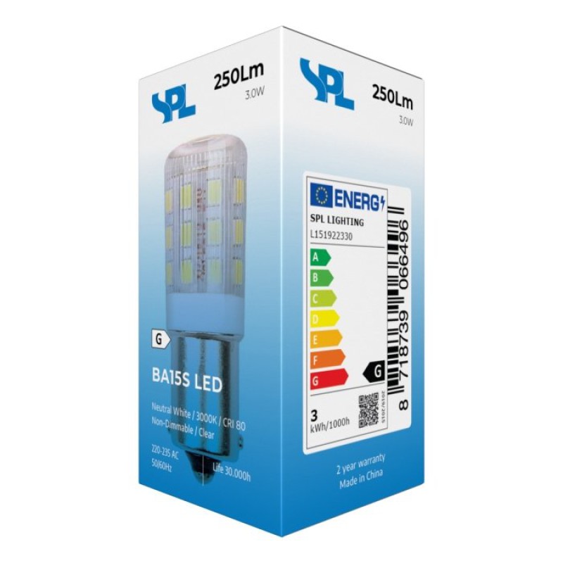 Preview: SPL LED Röhre T18x45 Ba15s 3 W 250 lm 3000K klar 220–235 V