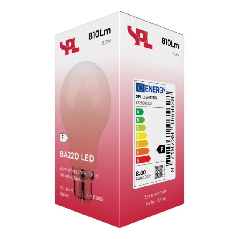 Preview: SPL LED Filament Birne A60x105 Ba22d 8 W 806 lm 2700K matt dimmbar