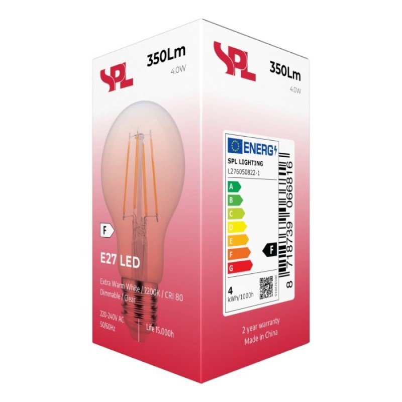 Preview: SPL LED Filament Birne A60x105 E27 4 W 380 lm 2200K klar dimmbar