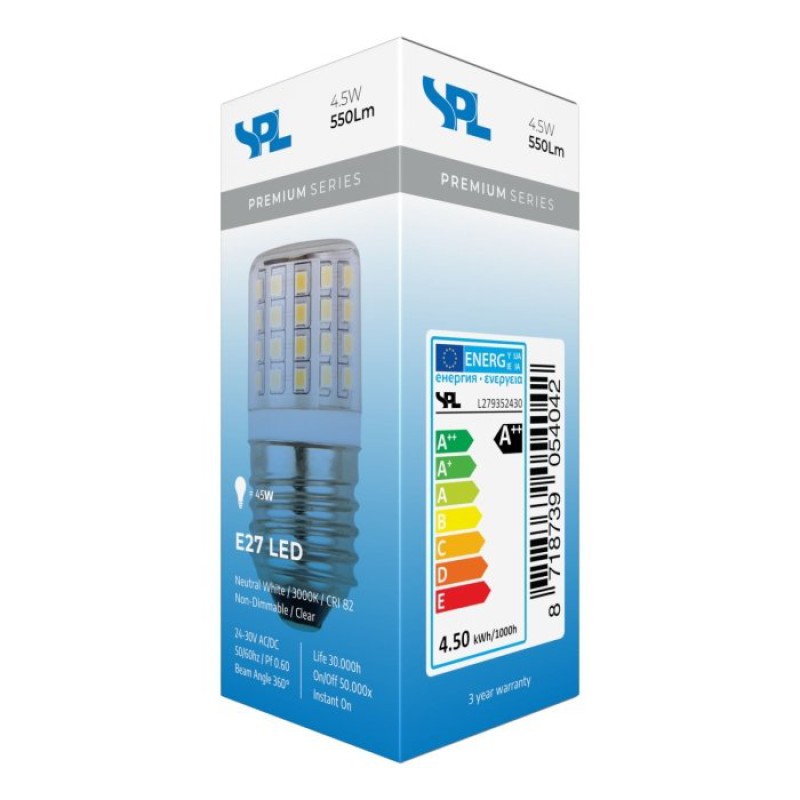 SPL LED Röhre T27x60 E27 4,5 W 550 lm 3000K klar 24–30 V