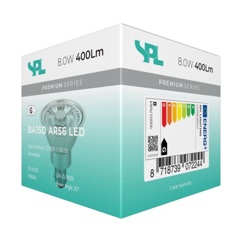 Preview: SPL LED Reflektor AR56x58 Ba15d 8 W 400 lm 2700K klar dimmbar 30°