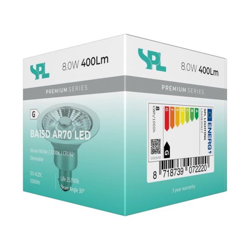 Preview: SPL LED Reflektor AR70x50 Ba15d 8 W 400 lm 2700K klar dimmbar 30°