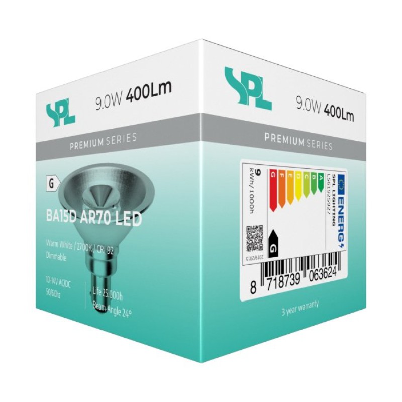 Preview: SPL LED Reflektor AR70x55 Ba15d 9 W 400 lm 2700K klar dimmbar