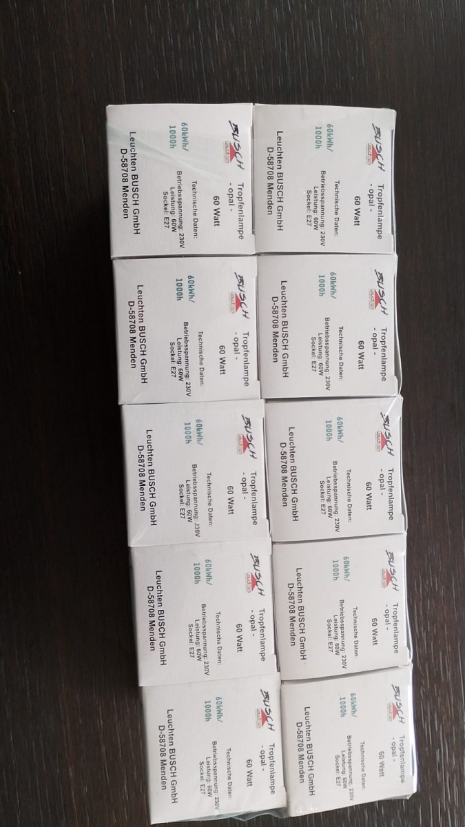 10x BUSCH Tropfenlampe E27 60W opal stoßfest