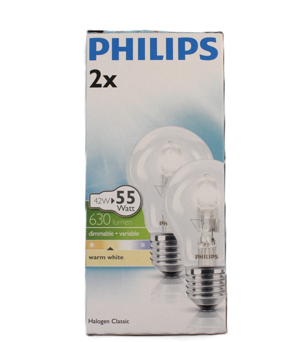 2x Philips Halogen Glühbirne 42W = 55W / 60W E27 Klar