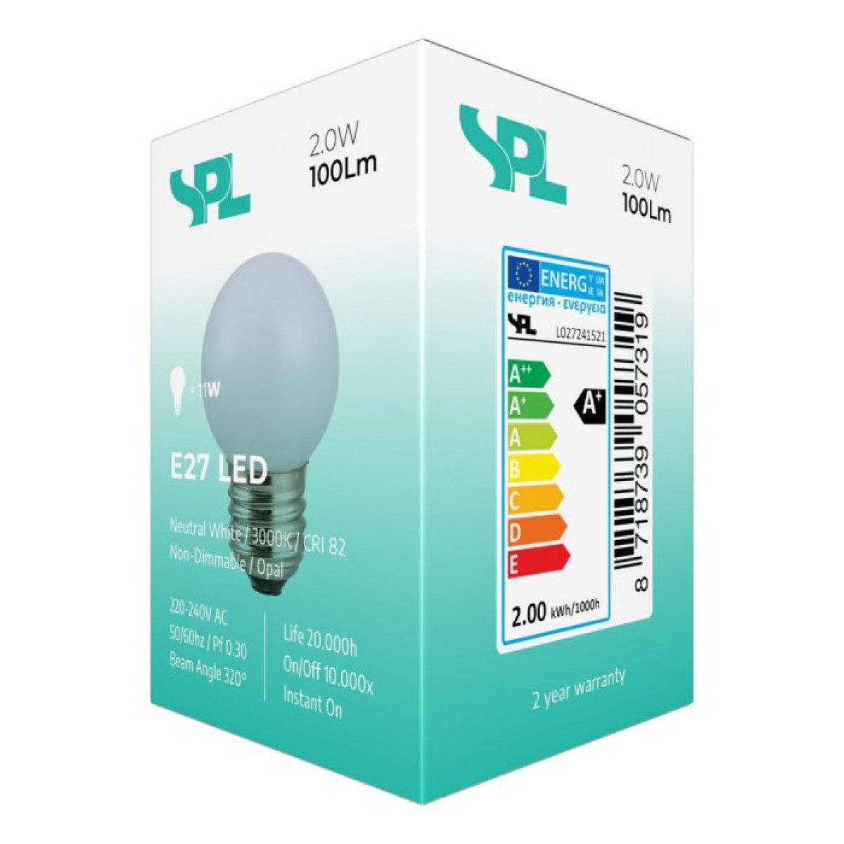 SPL LED Globe G45x68 E27 2 W 100 lm 3000K opal