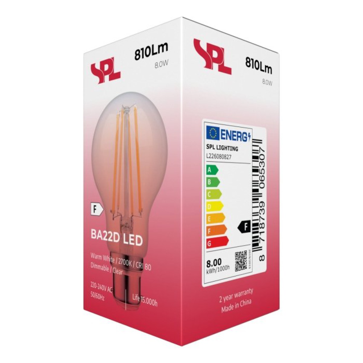 SPL LED Filament Birne A60x105 Ba22d 8 W 806 lm 2700K klar dimmbar